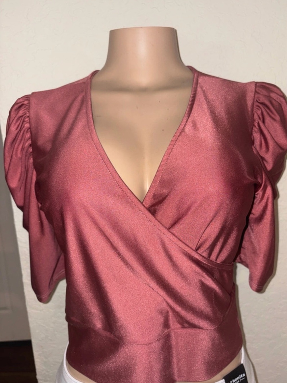 Satin Dusty Rose Wrap Blouse with Puff Sleeves